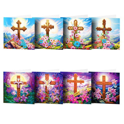 pigpigboss 8 Packs Cross Diamond Painting Greeting Card Kit, Lily Flower Diamond Art Birthday Cards with Envelopes, Diamond Dots Thank you Card for Adult Beginner Holiday Blessing