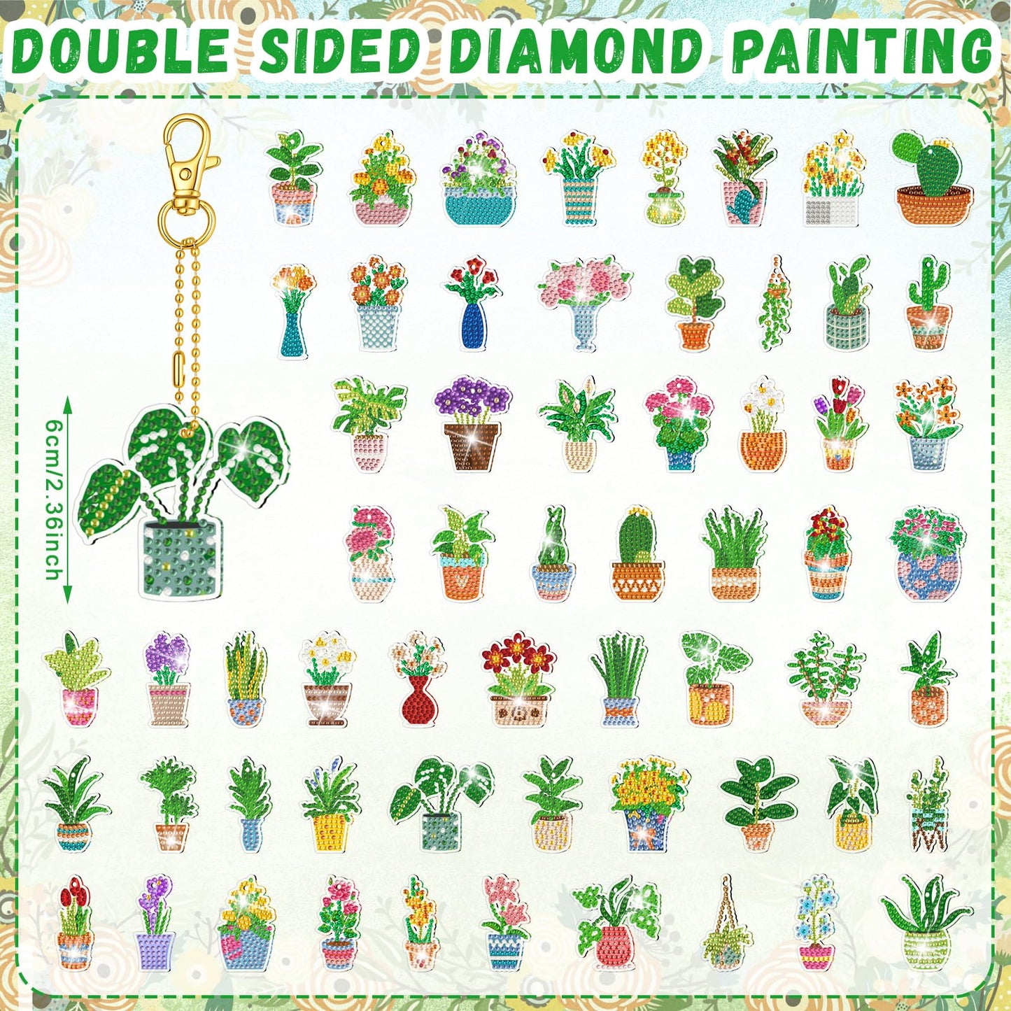 Huquary 60 Pcs Diamond Art Keychains Potted Plants Diamond Painting Keychain Kits for Adults Double Sided 5d Rhinestones Spring Hanging Key Chains Ornaments for Beginners DIY Crafts Party