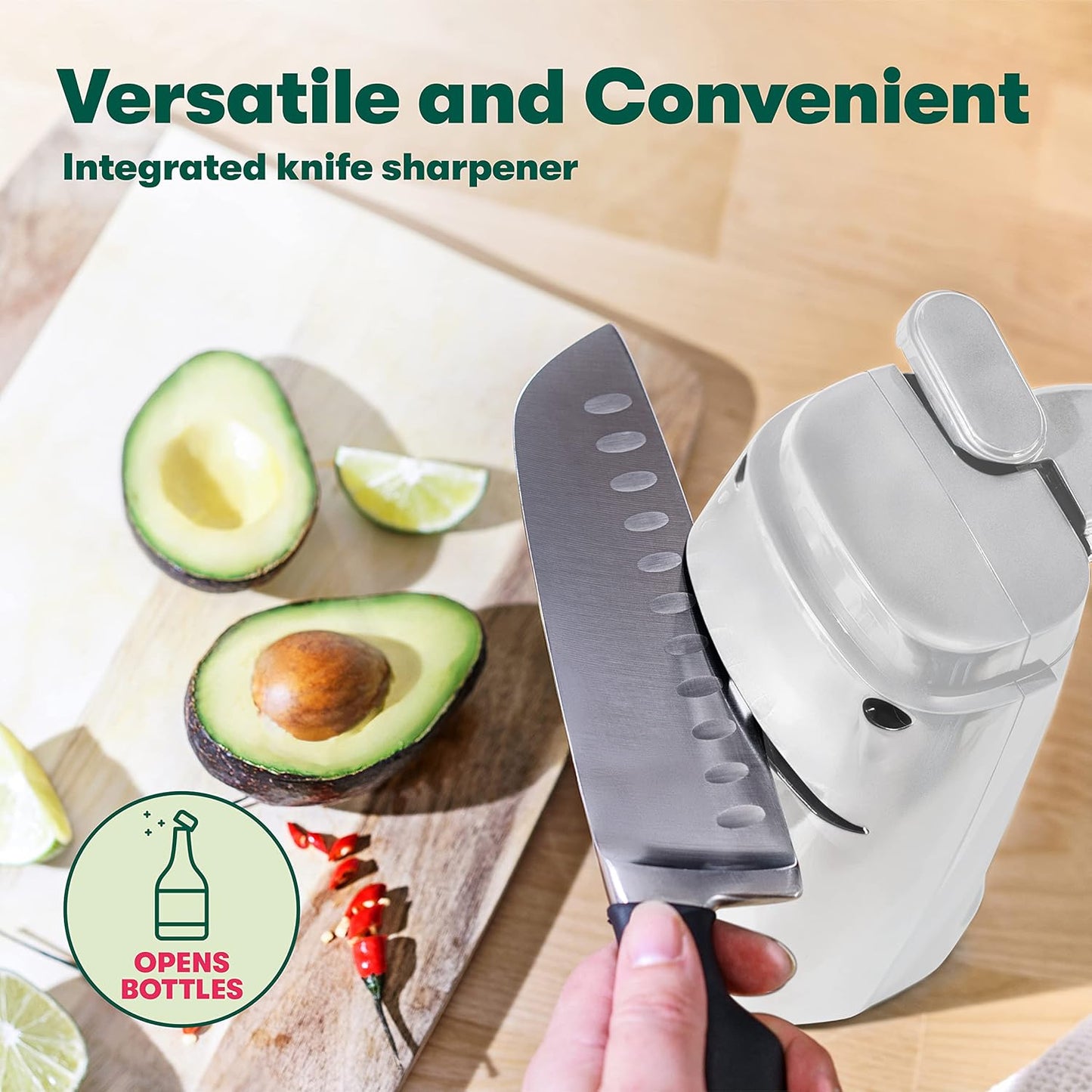 BELLA Electric Can Opener and Knife Sharpener, Multifunctional Jar and Bottle Opener with Stainless Steel Blade, White