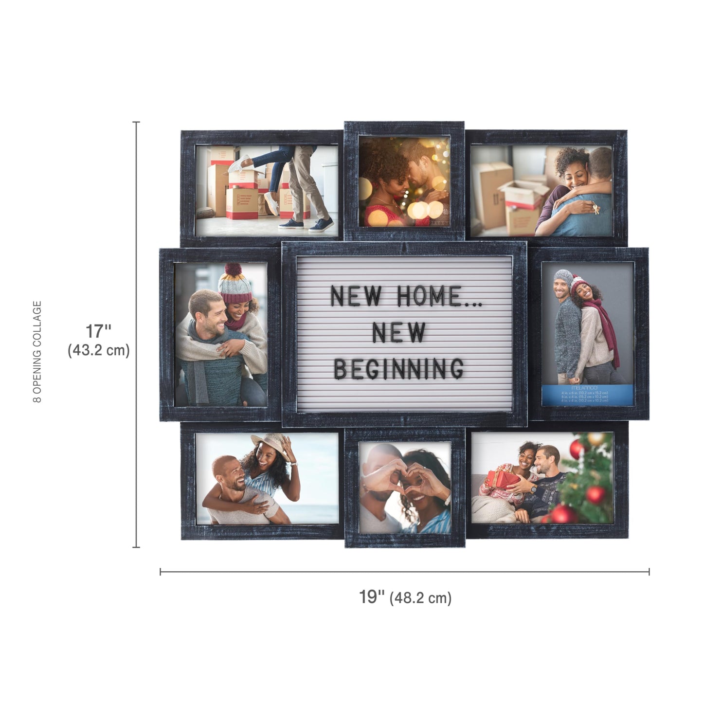 MELANNCO Collage Picture Frame with Letter Board, 8 Opening Photo Display for 4x6 and 4x4 Photos, 19 x 17 Inch Wall Decor with 144 Changeable Letters, Numbers and Symbols, Distressed Black