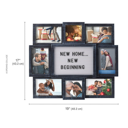 MELANNCO Collage Picture Frame with Letter Board, 8 Opening Photo Display for 4x6 and 4x4 Photos, 19 x 17 Inch Wall Decor with 144 Changeable Letters, Numbers and Symbols, Distressed Black