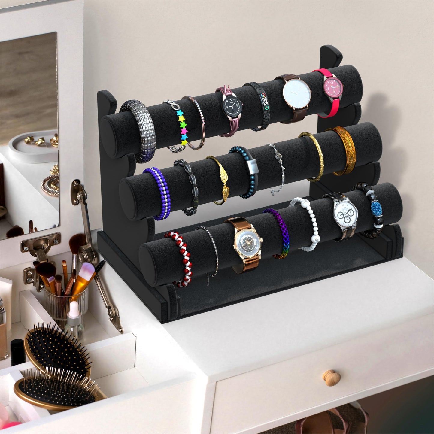 Comelyjewel 3 Tier Velvet Jewelry Organizer Stand for Bracelets, Watches & Necklaces – Space Saving Display Holder for Vanity & Vendor Booths
