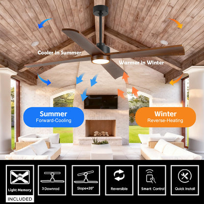 60 Inch Outdoor Smart Ceiling Fan with Light for Patio Damp Rated -High CFM Propeller 4 Wood Blades for Large Room, Rustic Farmhouse, Alexa/Tuya App/Remote Control, Quiet DC Motor, Porch, Gazebo