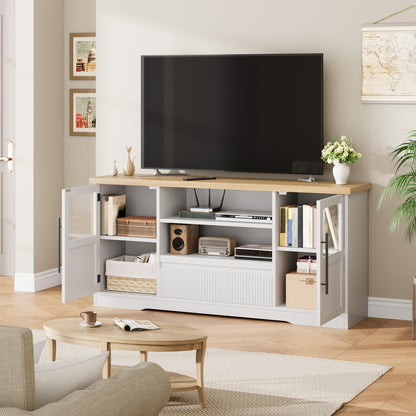 63" TV Stand for TVs up to 72" - Farmhouse Wave Design Entertainment Center with 2 Glass Door Cabinets & Open Shelves for Living Room, White & Natural