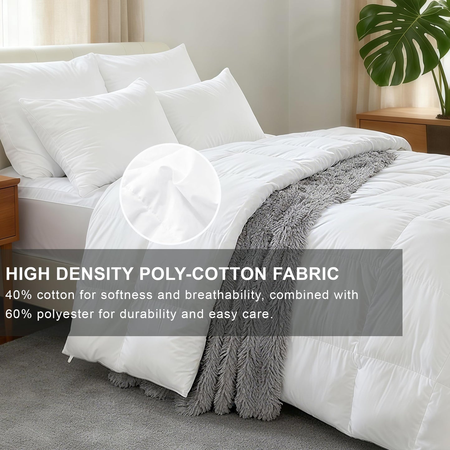 ALPSWAN Luxury Goose Feather Down Fiber Comforter Queen Size, 300TC White Cotton Blended Duvet Insert, All Season Hotel Bedding Alternative Down Comforter with Corner Tabs (White, Queen)