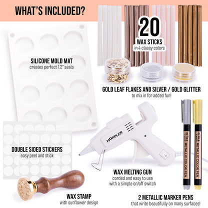 Hoppler Premium Wax Seal Kit with Seal Gun, Wax Sticks, a Flower Stamp, 12 Cavity Silicone Mold, and Extra Additions to Make Seals Stand Out and Make Invitations in Bulk.