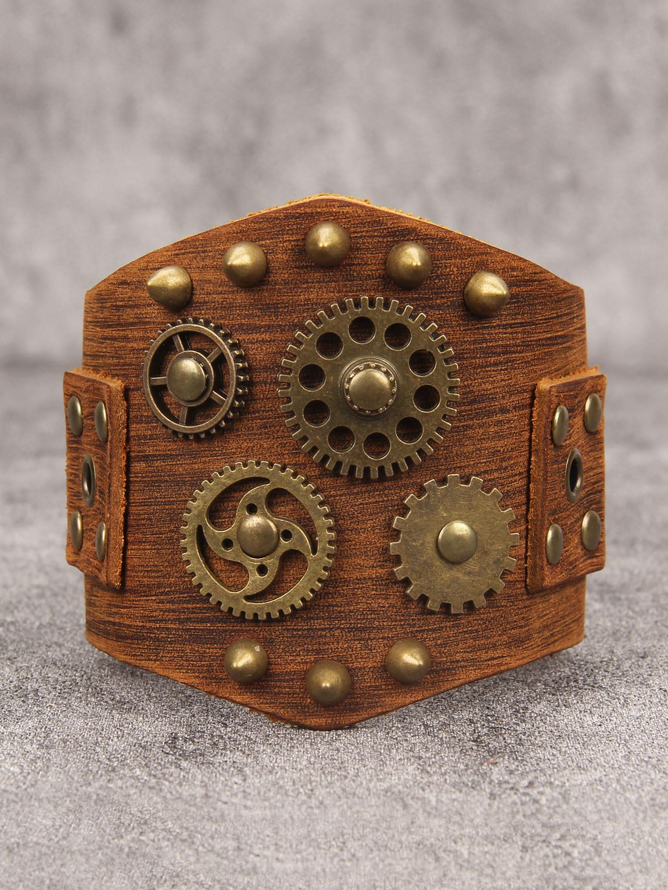 GelConnie Brown Leather Cuff Bracelet for Men Steampunk Gear Studded Wristband Punk Vintage Bracelet Adjustable Jewelry Gift