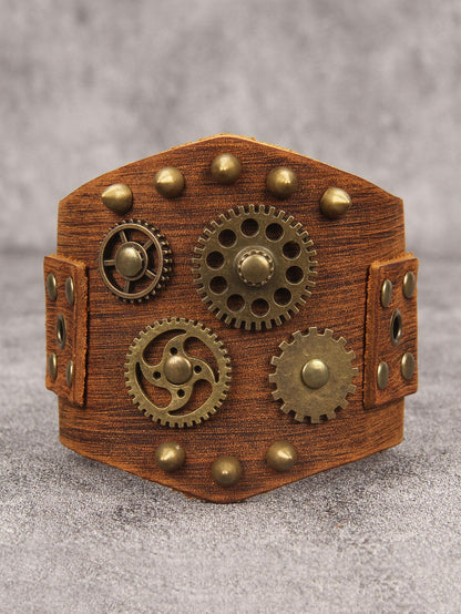 GelConnie Brown Leather Cuff Bracelet for Men Steampunk Gear Studded Wristband Punk Vintage Bracelet Adjustable Jewelry Gift