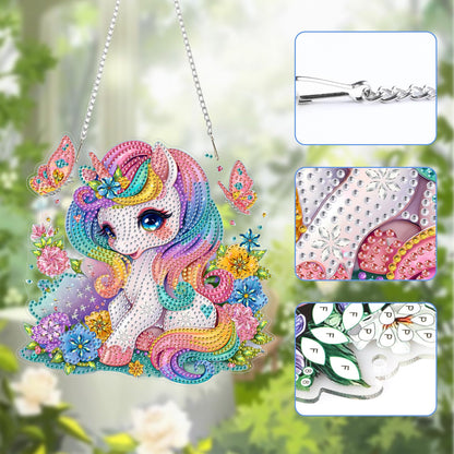 Lxmsja DIY Little Unicorn Diamond Painting Hanging Ornament, Double-Sided Acrylic Rainbow Flowers Diamond Art Kit, Special Shaped Suncatcher Hanging Pendant Window Art Kit