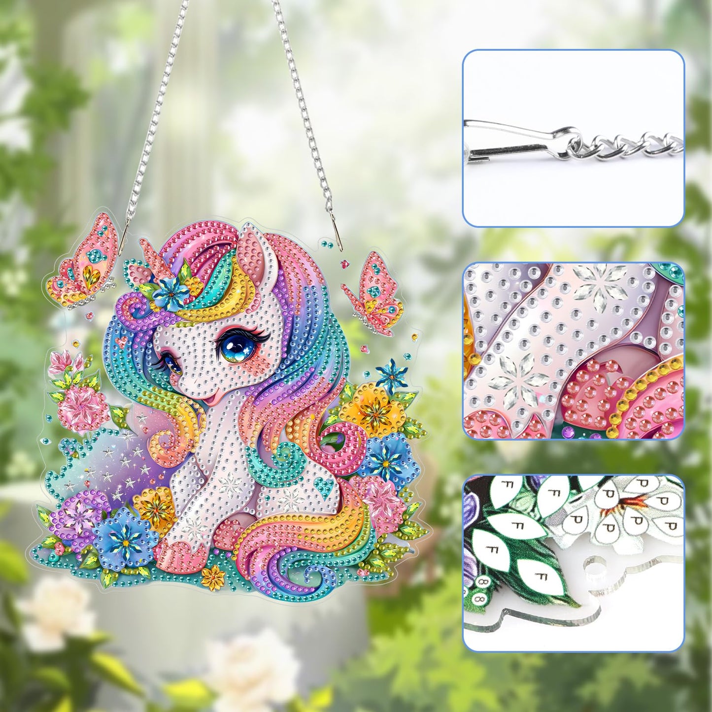 Lxmsja DIY Little Unicorn Diamond Painting Hanging Ornament, Double-Sided Acrylic Rainbow Flowers Diamond Art Kit, Special Shaped Suncatcher Hanging Pendant Window Art Kit