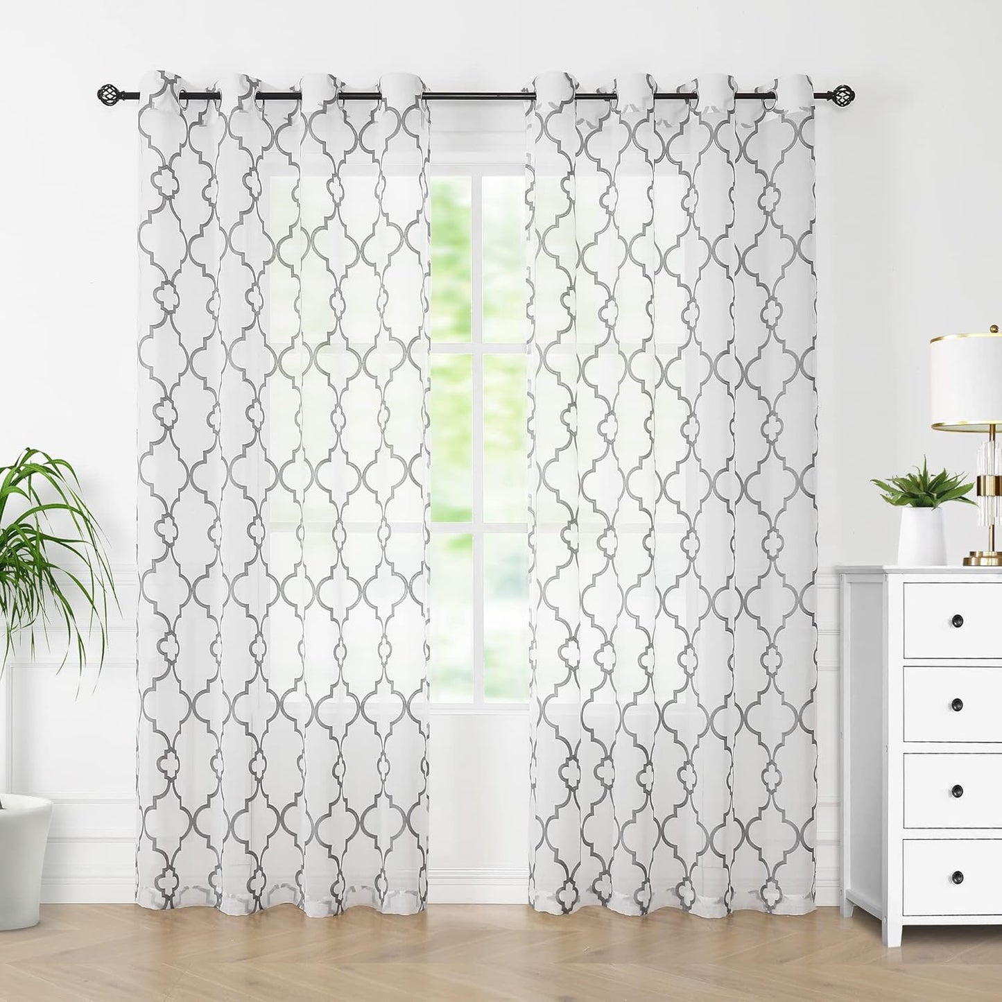 Moroccan Embroidered Semi Sheer Curtains, 108" Long Linen Textured Grey White Geometric Drapes for Living Room