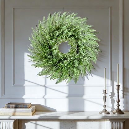 NIOPELO 26'' Eucalyptus and Boston Ferns Wreath for Front Door - Artificial Eucalyptus Leaves Greenery Outdoor Wreath for Wedding Farmhouse Porch Wall Room Home Decor (Gray-Green)