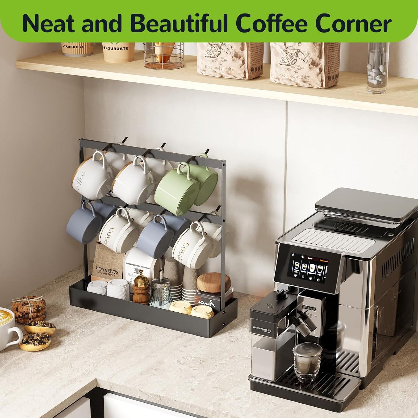 Coffee Mug Holder with Hooks, 14 Capacity 2 Tier Mug Tree Holder Rack for Countertop, Storage Base for Coffee Pods