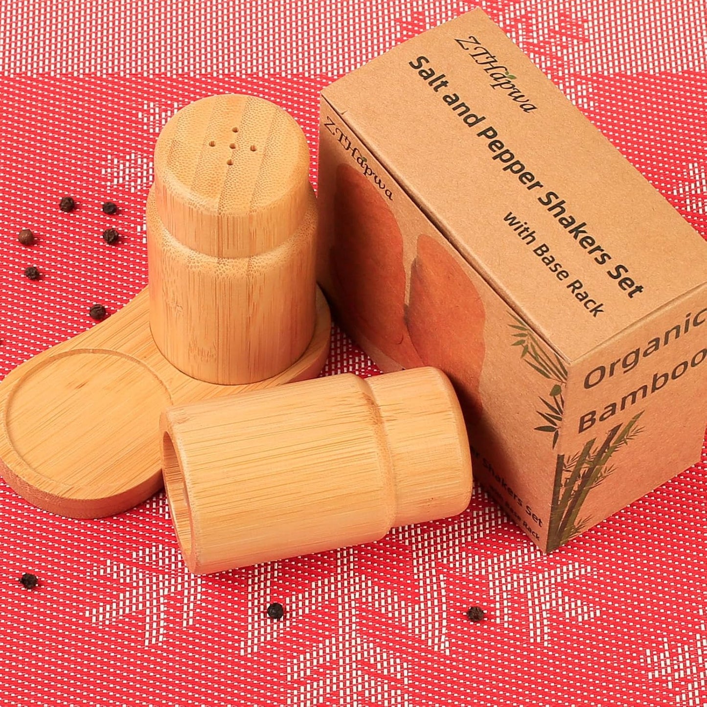Salt and Pepper Shakers Set with Base Rack, Bamboo Wooden Shaker for Kitchen Counter or Table, Farmhouse Decorations