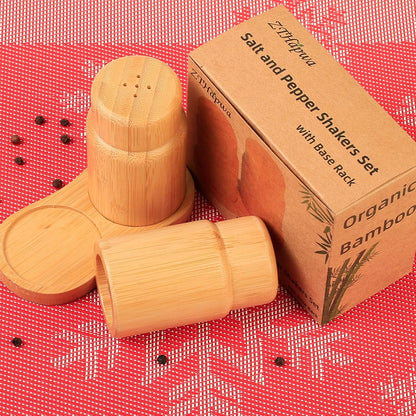 Salt and Pepper Shakers Set with Base Rack, Bamboo Wooden Shaker for Kitchen Counter or Table, Farmhouse Decorations