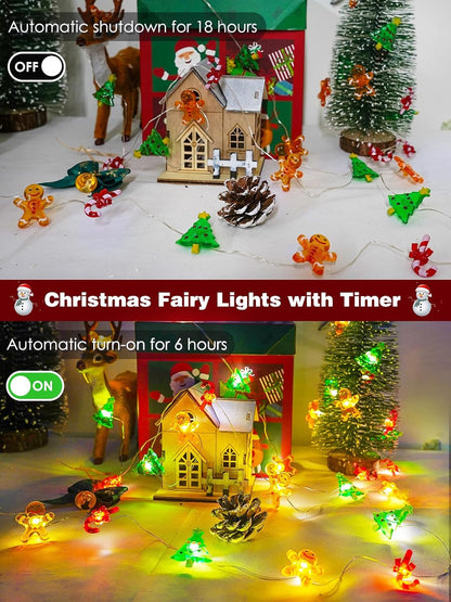 Skiennix Christmas String Lights - 10ft 30LED Fairy Lights with Remote & Timer | Gingerbread Man & Candy Cane Design