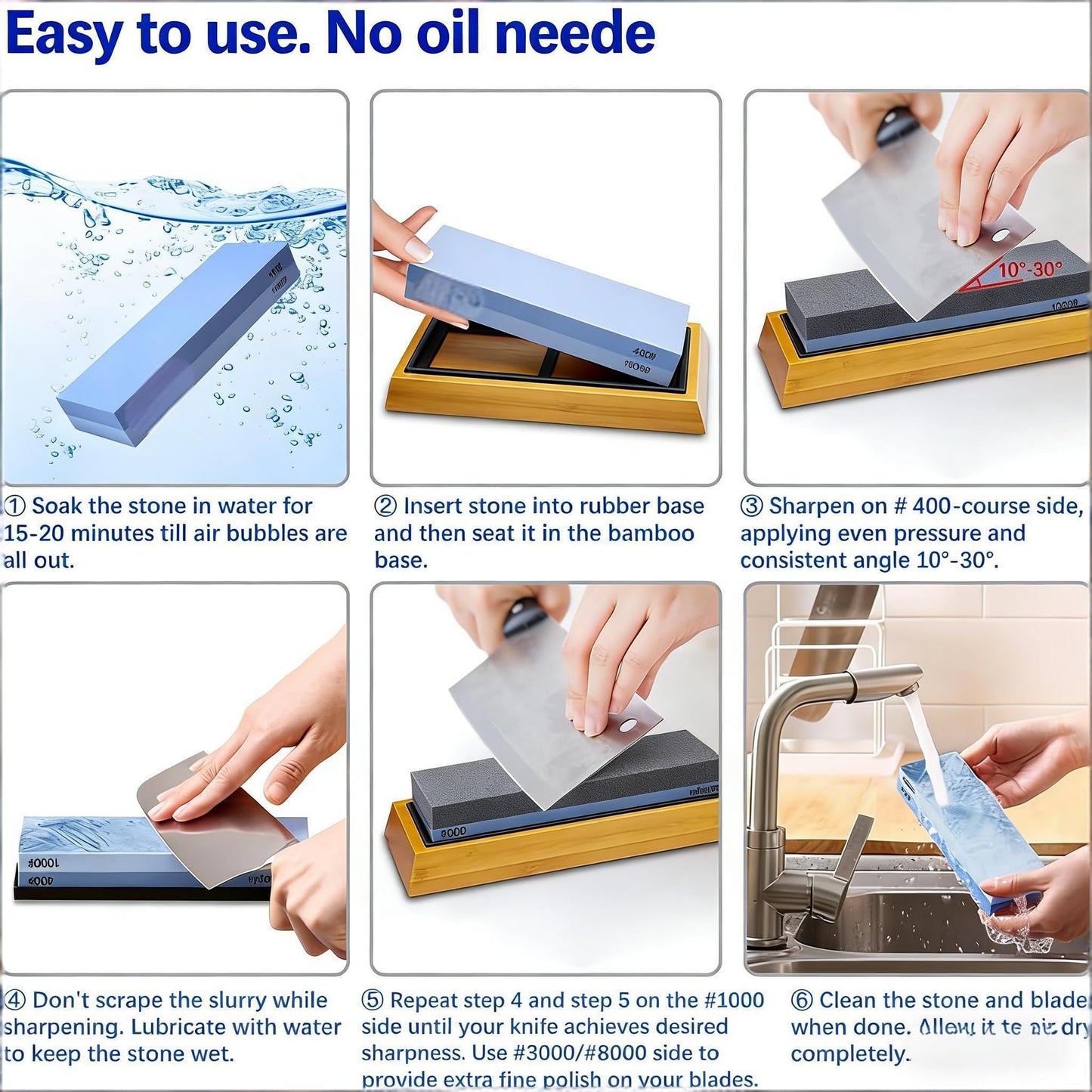 Dual Grit Whetstone 400/1000 3000/8000 Knife Sharpener with Leather Strop, Flattening Stone, Bamboo Base, 3 Non-slip Rubber Bases & Angle Guide | Perfect for Chef