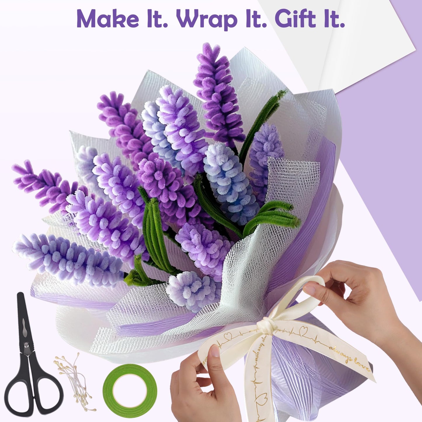 EARLY MINDS 500 Pcs Pipe Cleaners Craft Kit for Flower Making, DIY Bouquet Set with 8mm Chenille Stems, Step-by-Step Tutorial, Floral Wire, Ribbon & Tools for Handmade Gifts and Decor, Purple