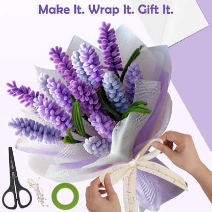 EARLY MINDS 500 Pcs Pipe Cleaners Craft Kit for Flower Making, DIY Bouquet Set with 8mm Chenille Stems, Step-by-Step Tutorial, Floral Wire, Ribbon & Tools for Handmade Gifts and Decor, Purple