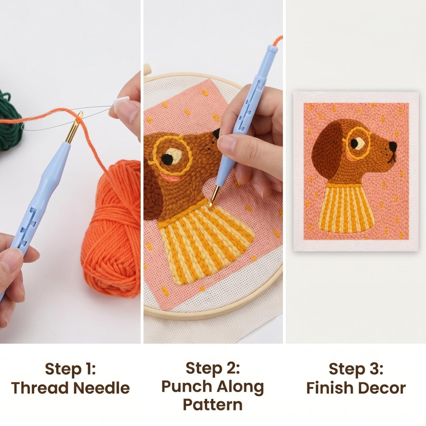 Beutthiar Punch Needle Embroidery Kit, Brown Dog Design, Starter Craft Set for Adults and Beginners, 25x25cm Frame, Stress Relief Gifts