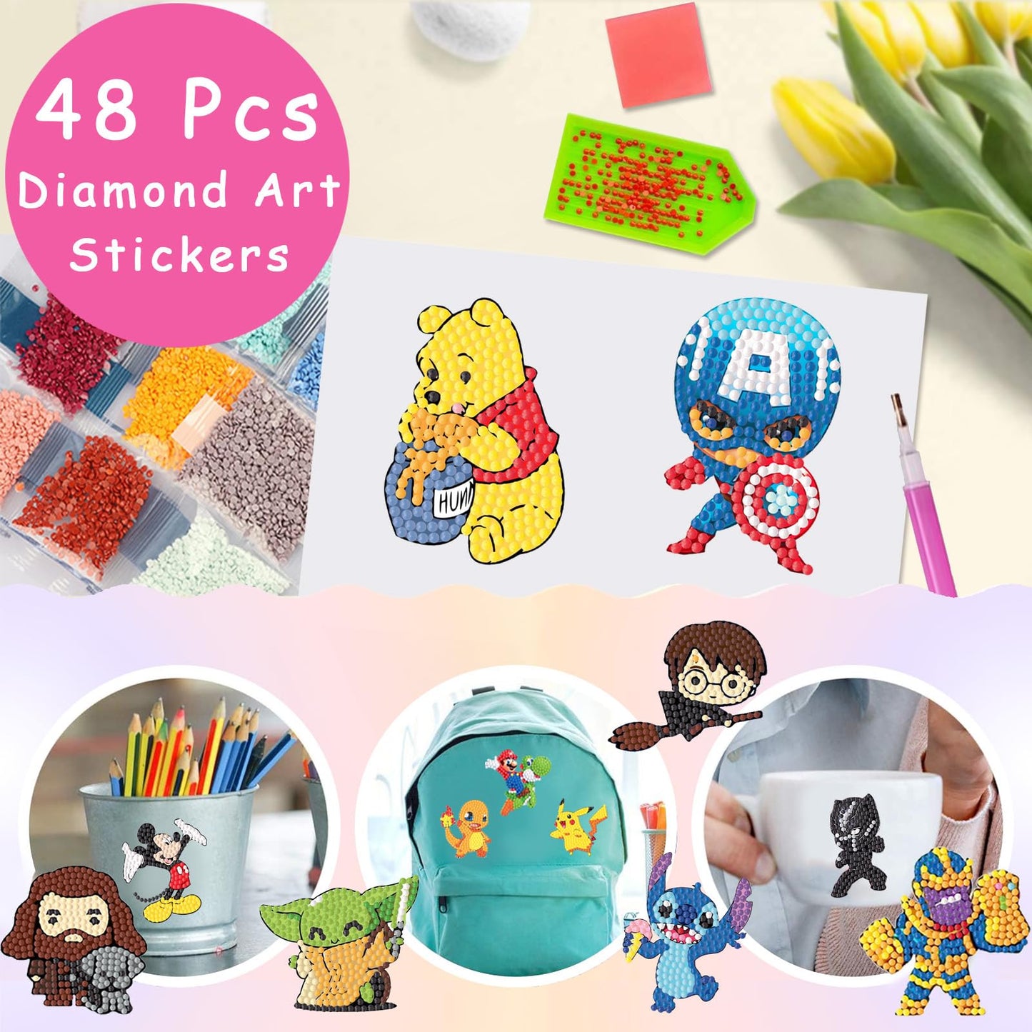 KOJEFCV 48 Pcs Cartoon Diamond Art Painting Sticker Kits for Kids-Cartoon Diamond Gem Stickers Kit,5D Gem Art Stickers Mosaic for Kids Gift for Boys Girls 4-8-10-12 Years Old