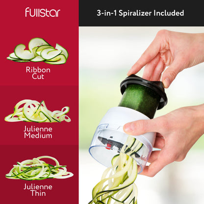 Fullstar All-in-1 Vegetable Chopper and Mandoline Slicer for Kitchen - Cheese Grater, French Fry Cutter, Cheese Slicer - Bonus Handheld Spiralizer Included (6 in 1, Black/White)