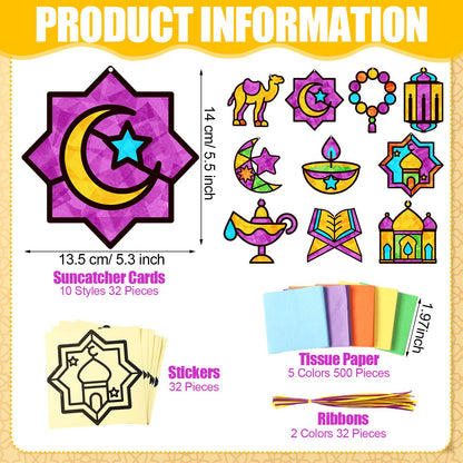 Eersida 32 Pcs Eid Suncatcher Craft Kit for Adults, Ramadan Mubarak Ornaments DIY Stained Glass Effect Paper Window Crafts for Islamic Creative Party Favors Art Projects
