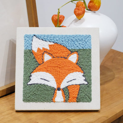 HAND U JOURNEY Animal Punch Needle Kit for Adults – 9.4"x9.4" Rug Yarn Hooking DIY Craft Kit with Adjustable Punch Pen – Fox Pattern Beginner Embroidery Set, Fun Handmade Gift