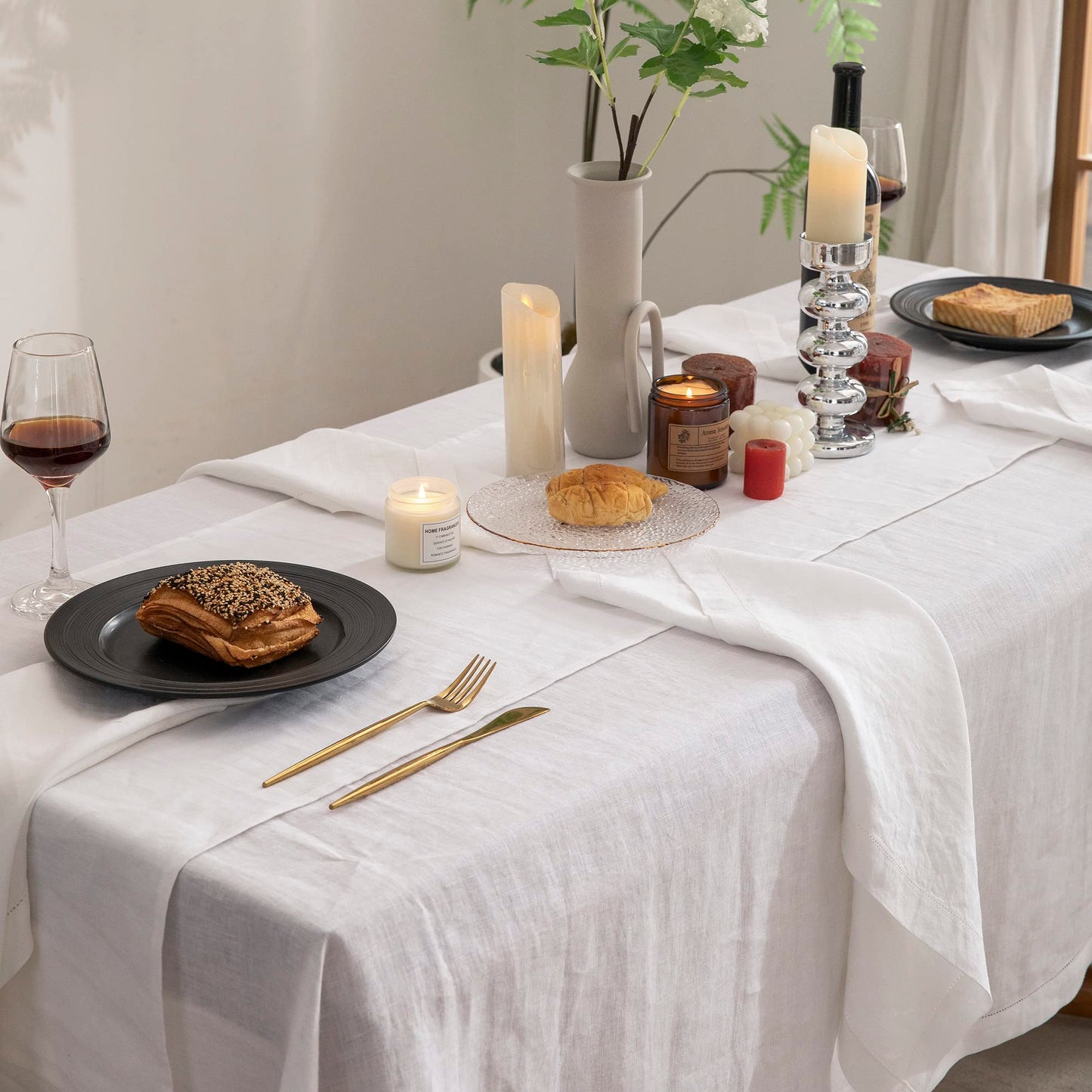 EVERLY 100% Pure Linen Rectangle Tablecloths 60x84Inches for Dining, Buffet Parties, Picnic,Events, Weddings and Restaurants, Decorative Halloween, Thanksgiving Machine Washable Tablecloths-White