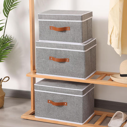 Fabric Storage Bins with Lids, Linen Foldable Storage Boxes, Closet Storage Organizer Containers with Handles, Grey,