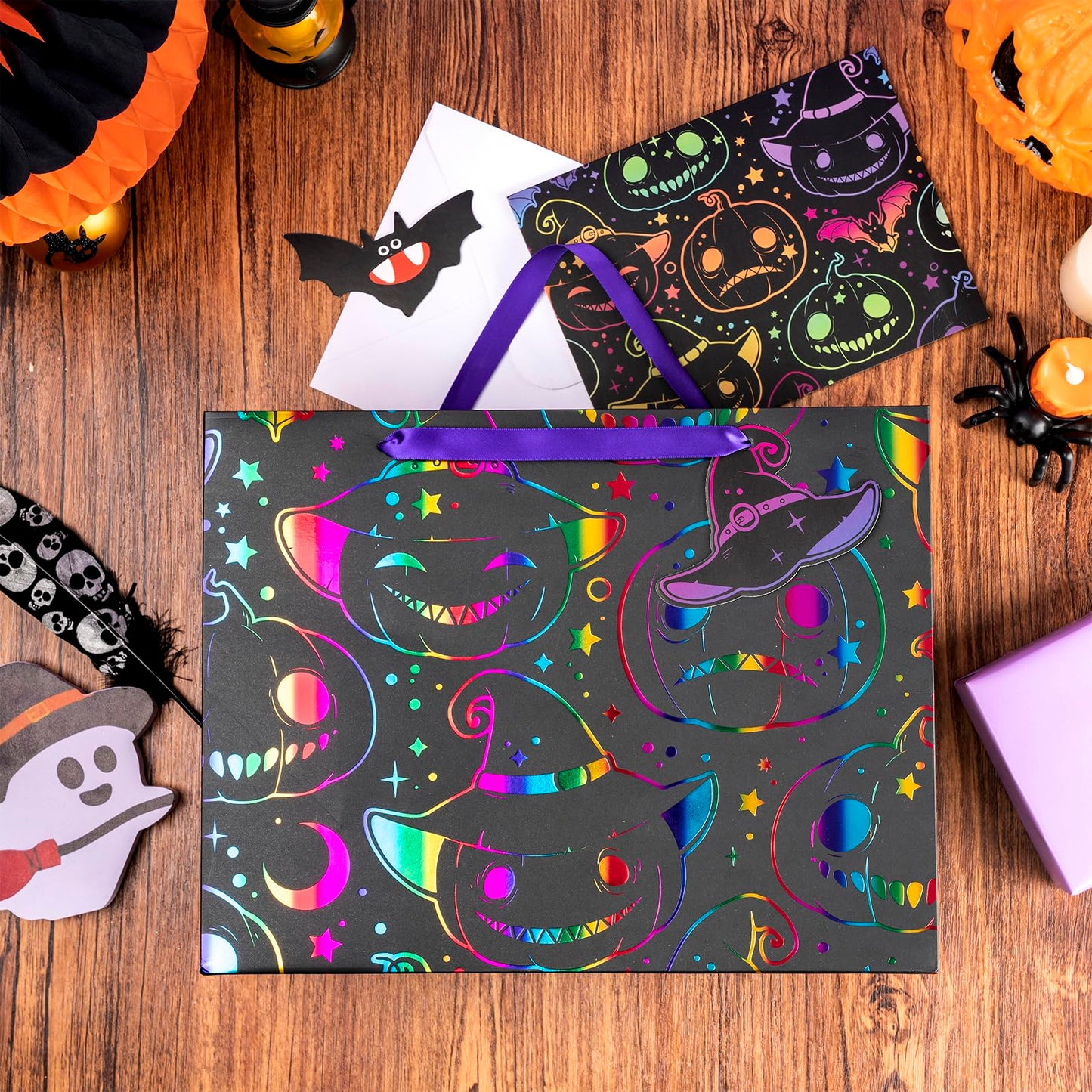 LeZakaa Halloween Pumpkin Wrapping Paper Roll, 13" Gift Bag with Tissue Paper, Gift Tag, and Card, Evil Pumpkin Fluorescent Black Design for Halloween, Holidays, Party