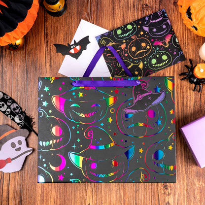 LeZakaa Halloween Pumpkin Wrapping Paper Roll, 13" Gift Bag with Tissue Paper, Gift Tag, and Card, Evil Pumpkin Fluorescent Black Design for Halloween, Holidays, Party