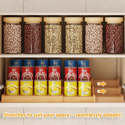 Expandable Bamboo Can Rack Organizer for Pantry, 3-Tier Adjustable Can Storage Holder, Soda Organizer Holds Up to 24 Cans, Canned goods Storage Display for Pantry, Cabinet, Countertop (patent pending)