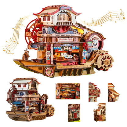 Nautical Sushi 3D Puzzles for Adults, 425PCS Wooden Mechanical Model Building Kit with Music and Lights, Miniature House Kit, Unique Home Decor Craft Gifts for Christmas Birthday Father's Day