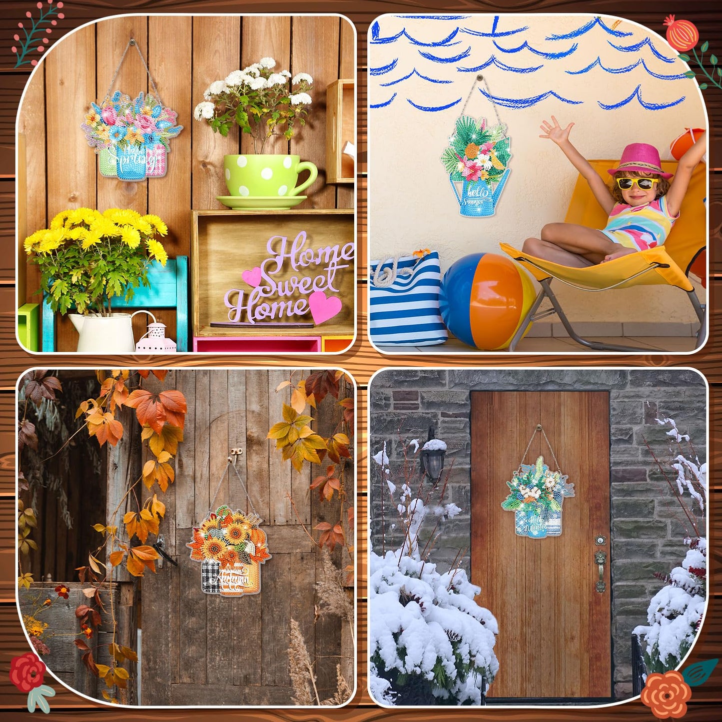 GlikCeil Flowers 12 Pcs Seasonal Diamond Art Hanging Ornaments 5d DIY Diamond Painting Wreath Kits for Wall Door Decor Holiday Year-Round Seasonal Signs for Home Decoration