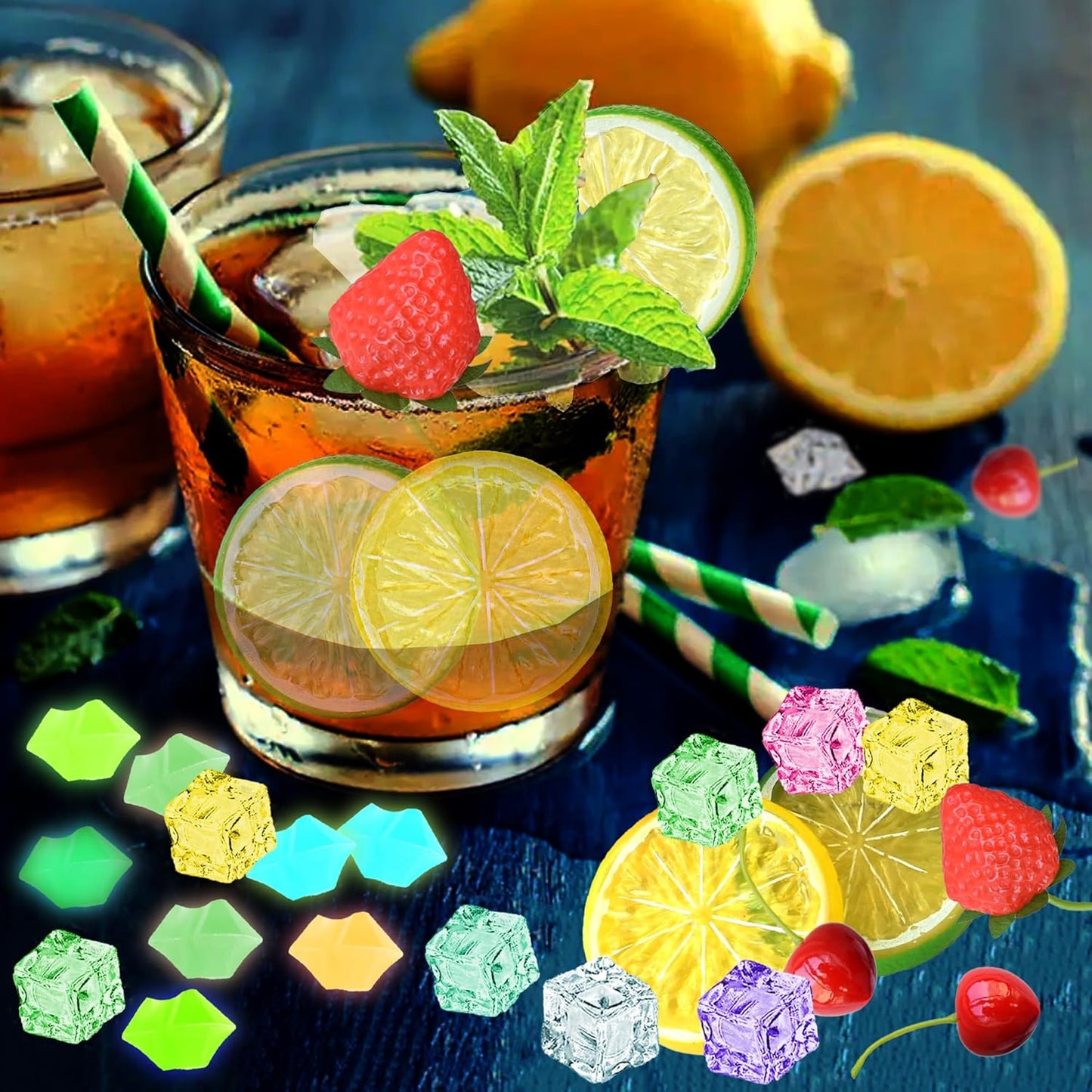 Chewarelly 70 Set, 10 10 5 45 2 Pcs Fake Fruits Ice Cube Include Artificial Lemon Slice Simulation Cherries Fake