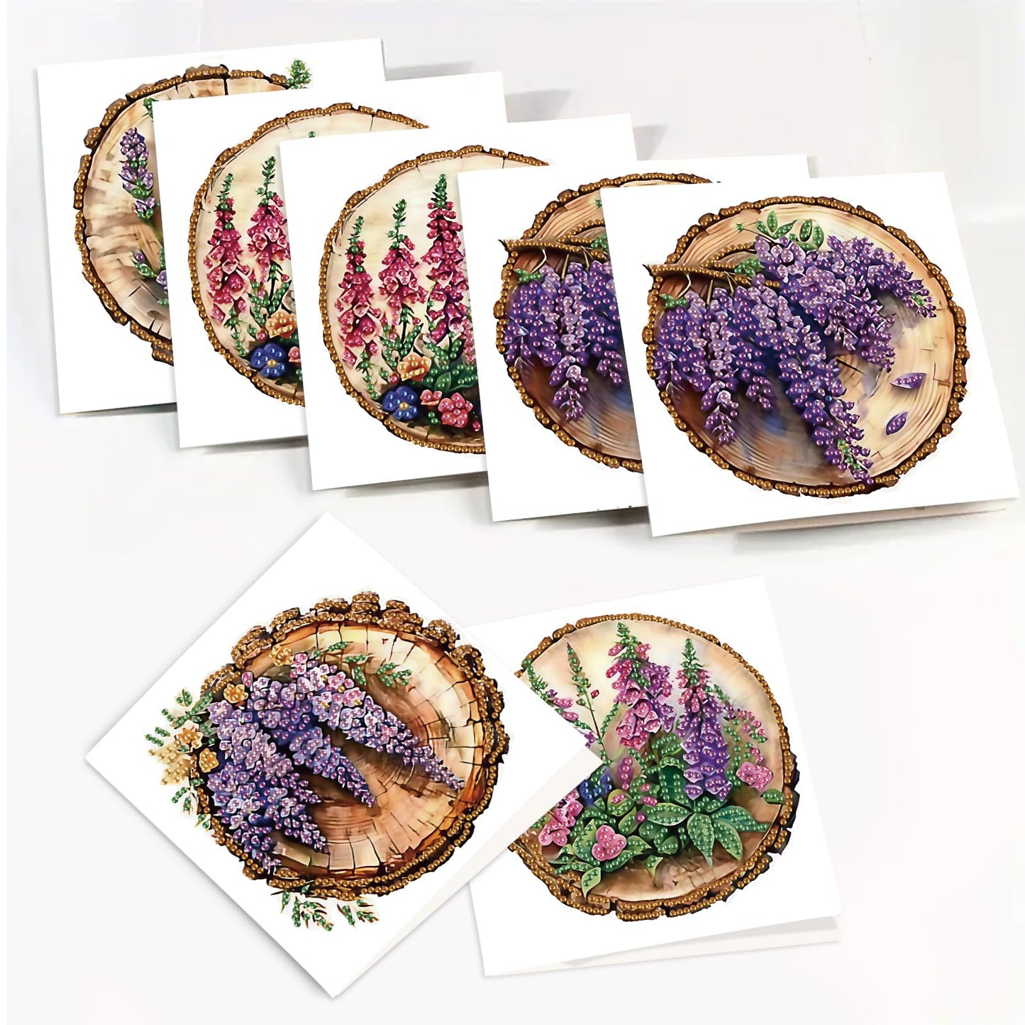 SHEGZHUC 6 Pack Diamond Painting Gift Card Lilacs Tree Stump, Diamond Art Kits for Adults Flowers Purple, Birthday Wedding Anniversary Greeting Get Well Congratulations Thank You Cards with Envelopes