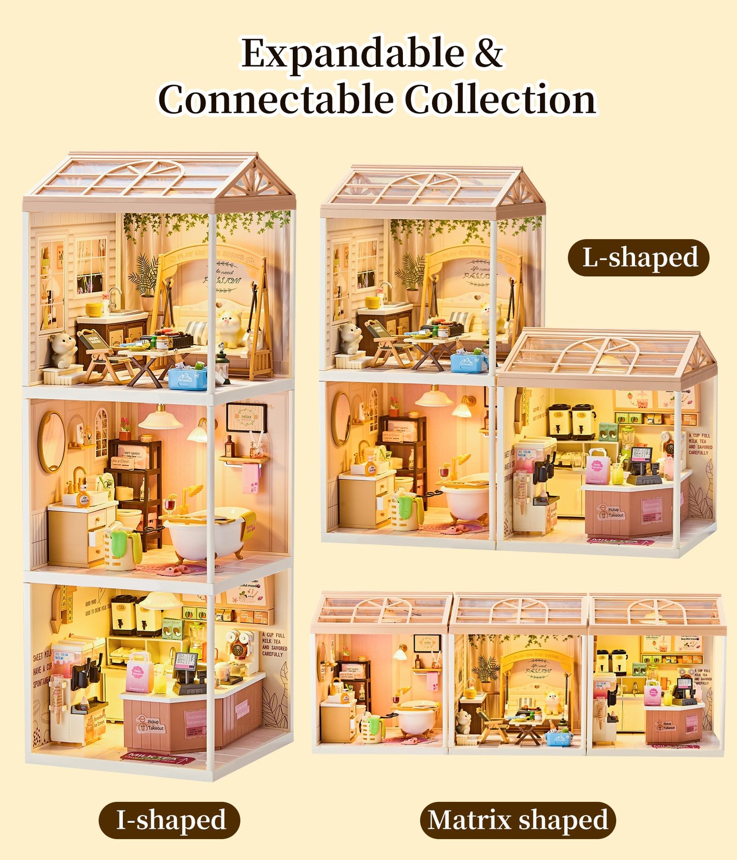 Tkmango Bakery Shop DIY Miniature House Kit with Roof & LED Light, Stackable & Connectable Dollhouse Kit with Dustproof Door, Creative DIY Crafts Building Toy Gift for Adults Teens