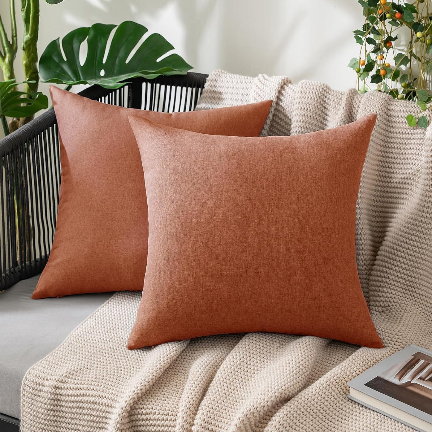 MIULEE Decorative Outdoor Throw Pillow Covers - Waterproof Faux Linen Cushion Cases | 24x24 Inch Rust (Pack of 2)