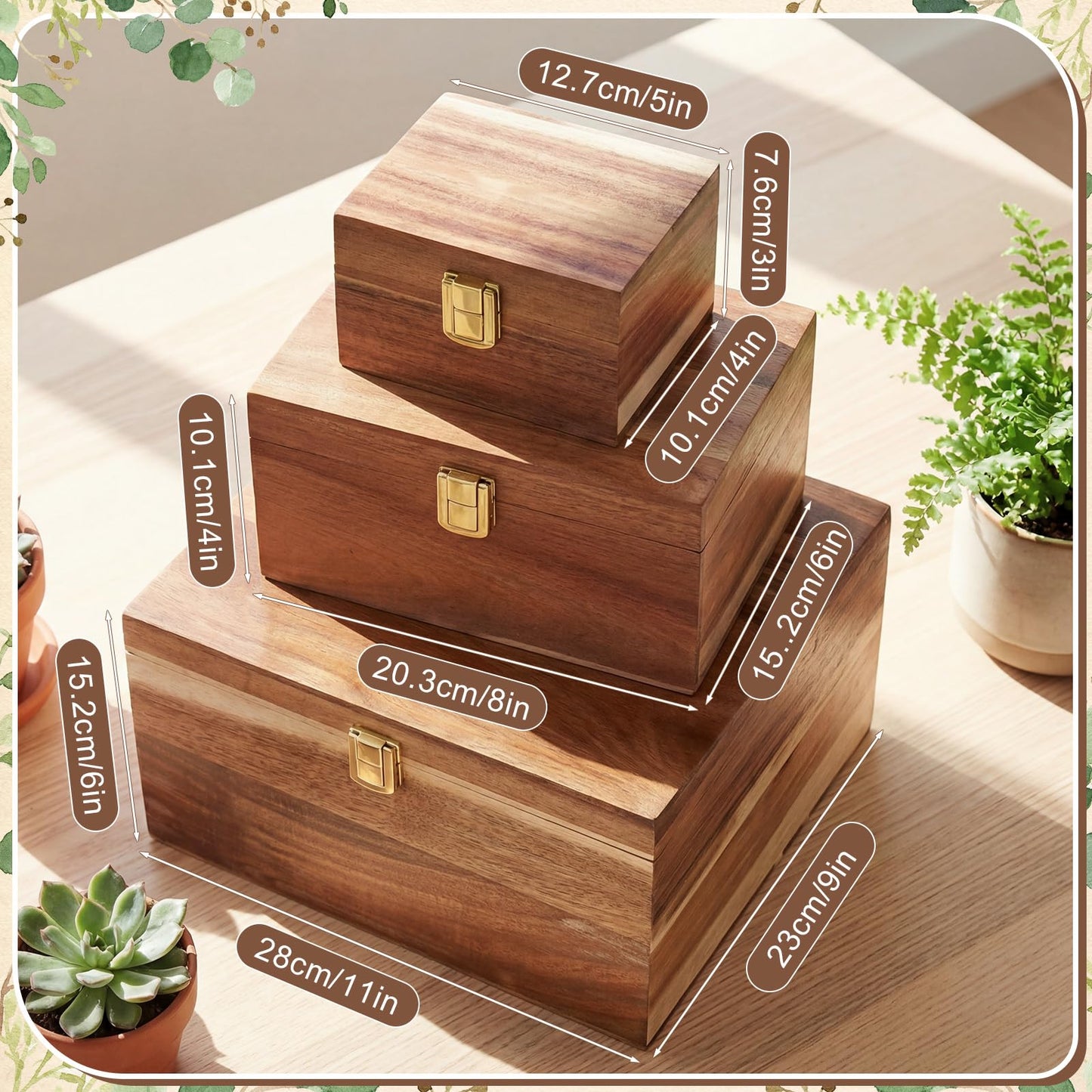 Novabright 3 Pack Wooden Keepsake Box, 3 Size Handmade Decorative Treasure Chest Box, Gift Ideas for Men & Women Jewelry Rings Storage(Brown,Acacia,Simple)