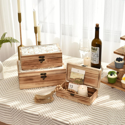 DECOR4SEASON Wooden Box Set of 3 - Rustic Farmhouse Decorative Boxes with Hinged Lid and Carved Design