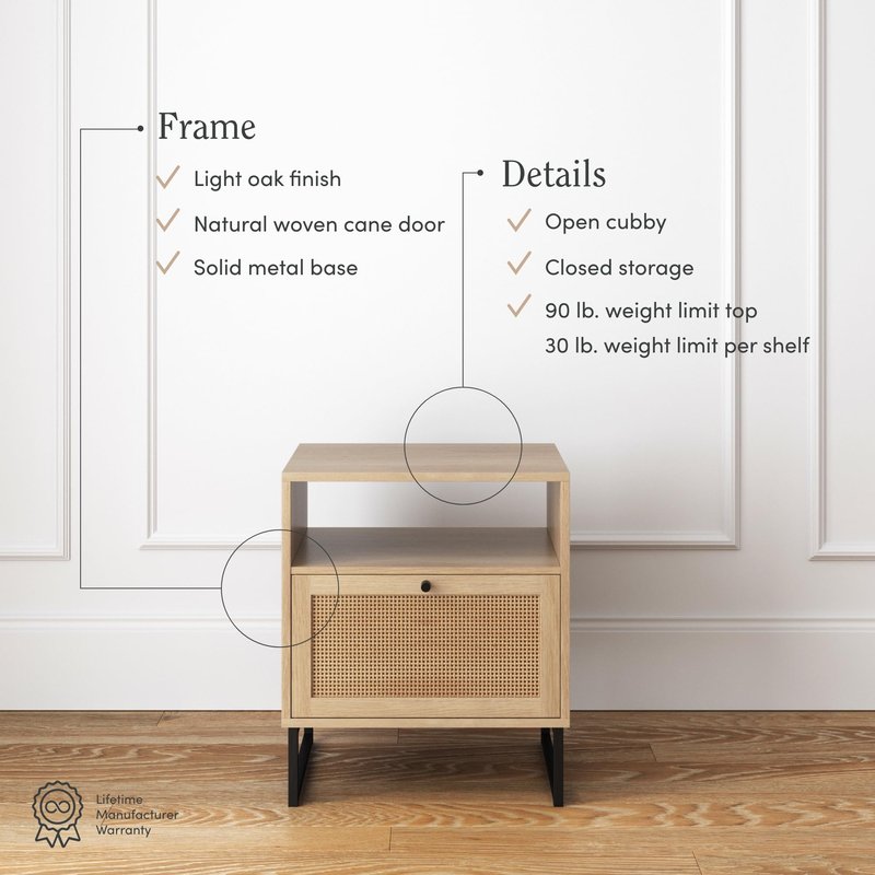 Nathan James Mina Rattan Wood End Side Accent Table Nightstand with Storage for Living Room or Bedroom, 1, Oak/Black