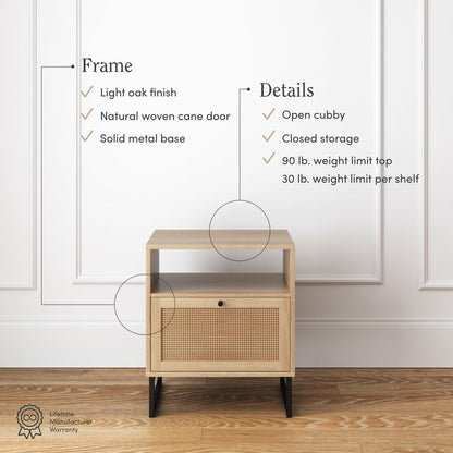 Nathan James Mina Rattan Wood End Side Accent Table Nightstand with Storage for Living Room or Bedroom, 1, Oak/Black