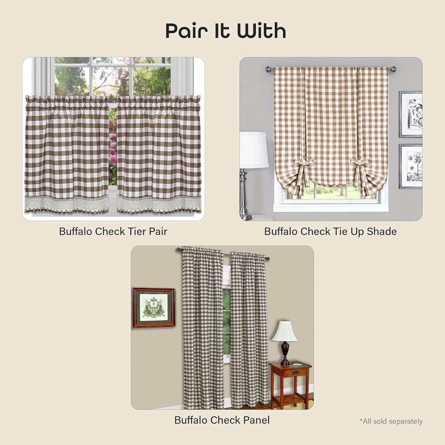 Buffalo Check Valance Window Curtains by Achim Home Decor, 58 Inch Width, 14 Inch Length, Taupe Brown & Ivory Plaid