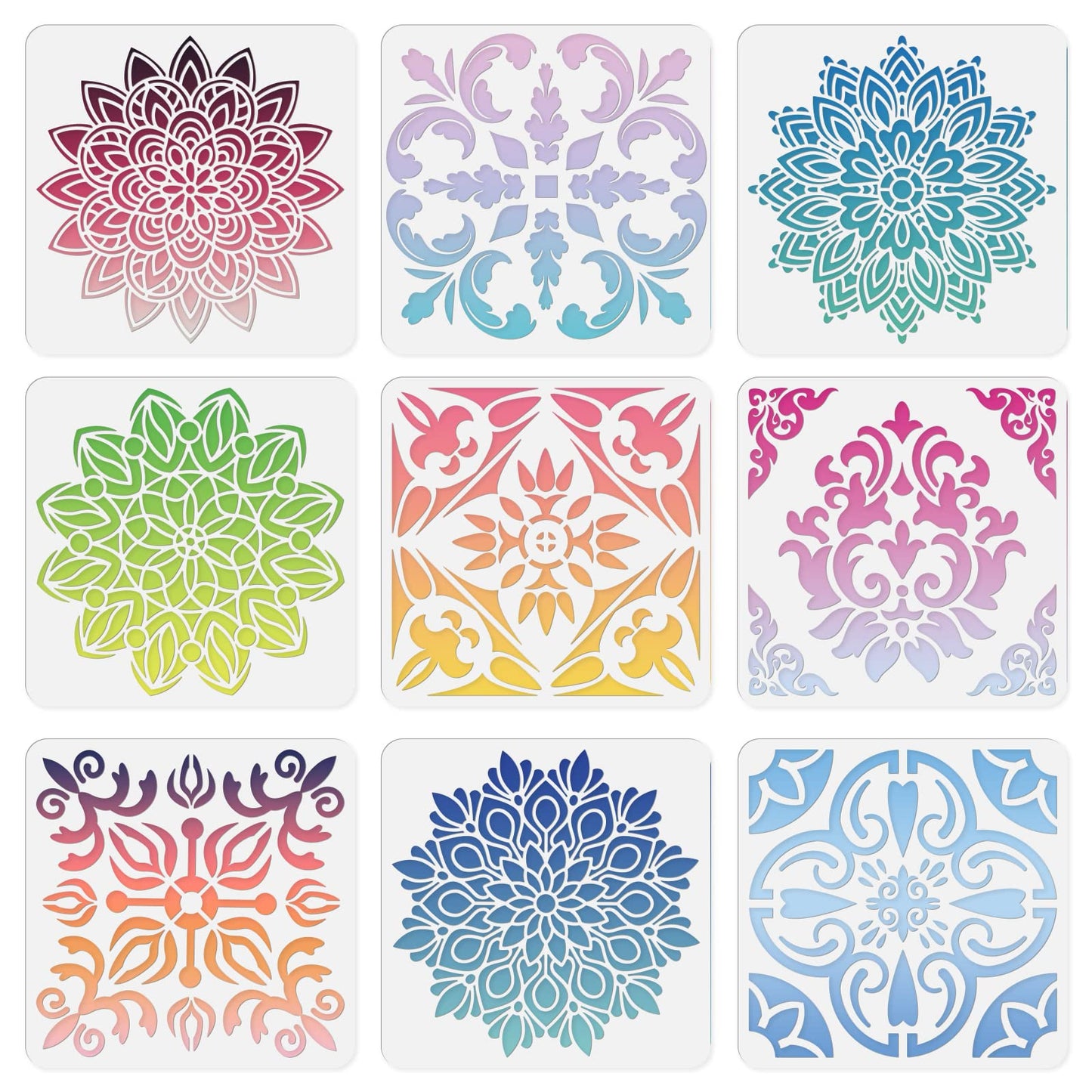 INFUNLY 9PCS/Set Mandala Flowers Wall Stencils for Painting 12x12 Mexican Tile Stencil Art Flower Concrete Floor Stencils Reusable Drawing Template for Painting Wood Canvas Furniture Patio Home Decor