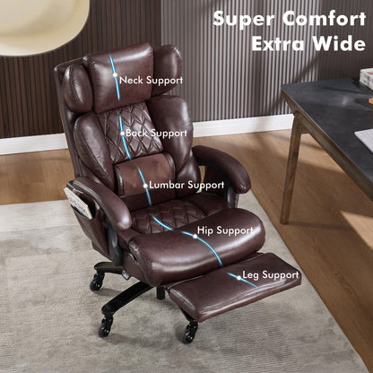 Big and Tall Ergonomic Office Chair with Footrest, Massage Cushion, Heavy Duty Lumbar Support Executive Desk Chair with Adjustable Headrest, High Back Reclining Computer Chair 500lbs, Leather, Brown