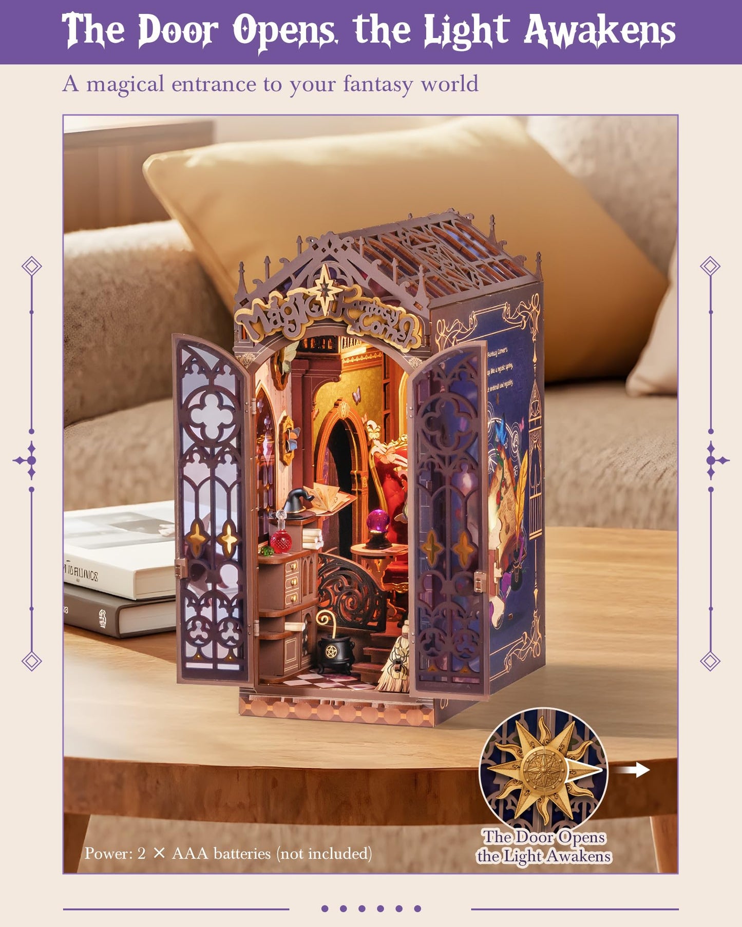 ROBOTIME Book Nook Kit, DIY Miniature House Kit, 3D Wooden Puzzle Bookends, Witch Study Room Bookshelf Decor, Creative Unique Gifts for Adults (Magic Fantasy Corner)