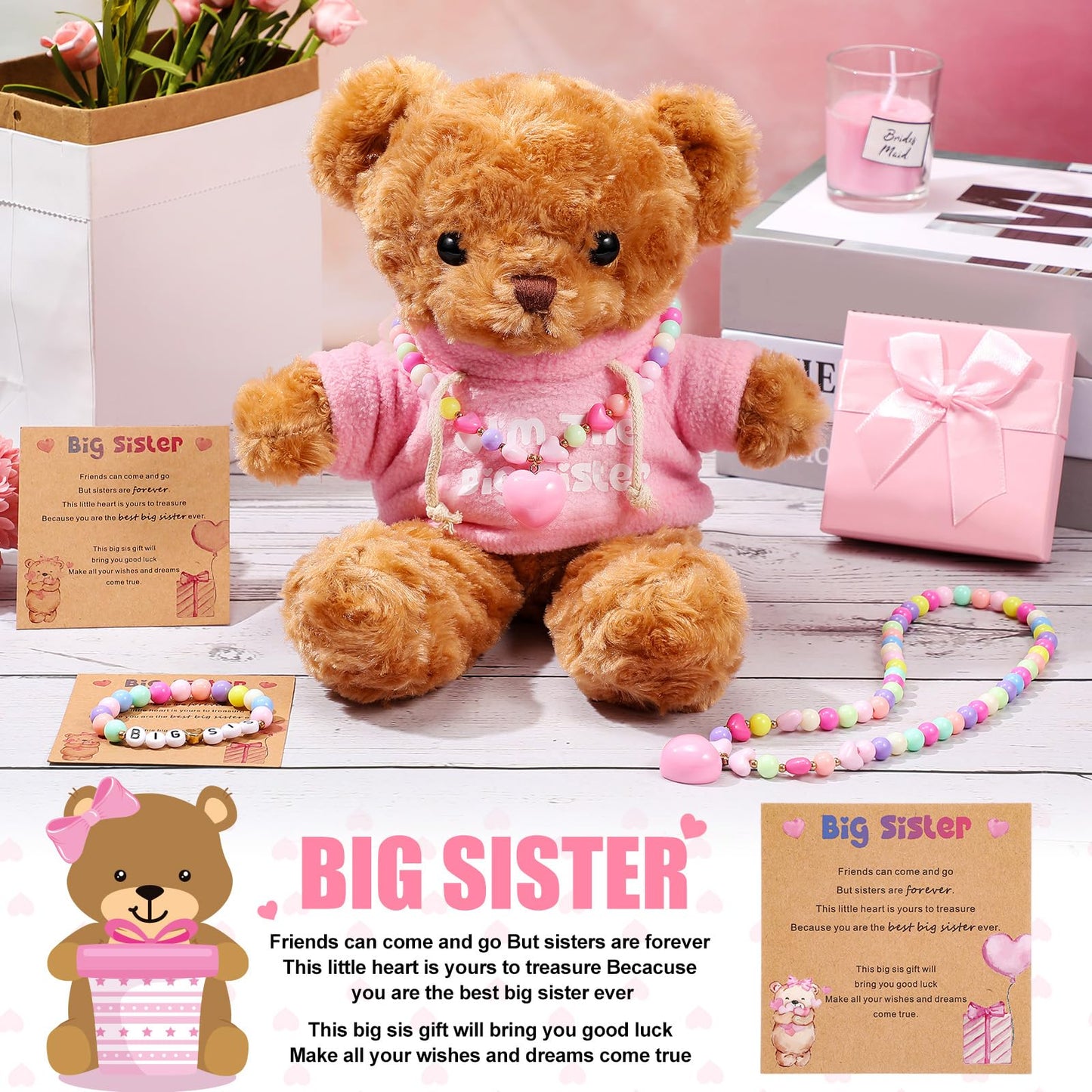 Taiyin 5 Pcs Big Sister Gift Set Big Sister Bear with Colorful Bracelet Necklace Jewelry Pink Stuffed Animal Bear Doll Toy Gift for Who Promoted with Beautiful Greeting Card and Box