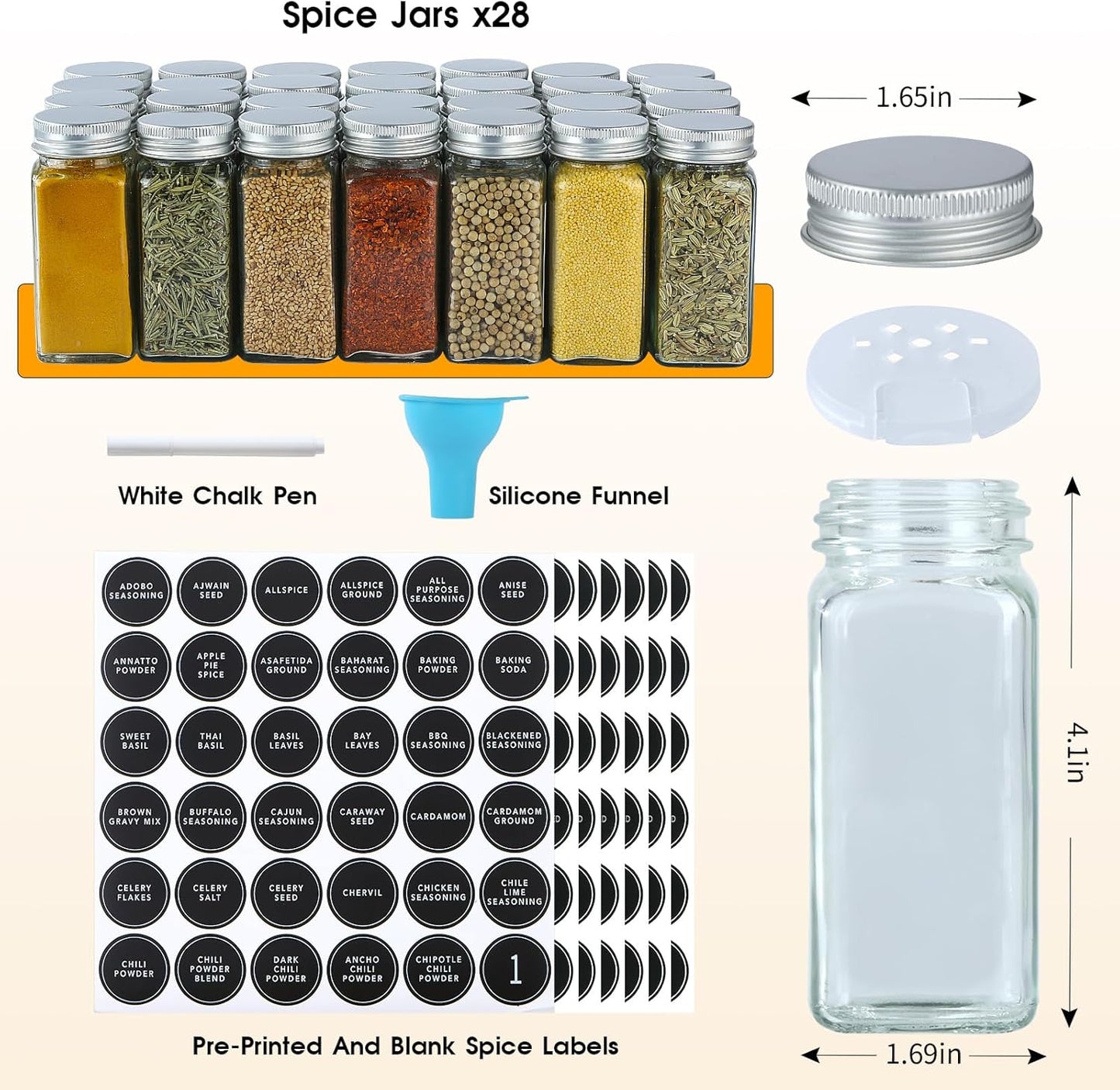 28 Set,Space-Saving Countertop, Skiileor Spice Rack Organizer with Empty Spice Jars,Spice Labels,Chalk pen and Funnel