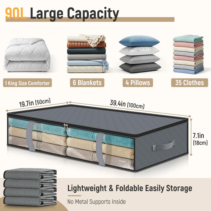 LANDNEOO 4 Pack 90L Under Bed Storage Containers - Underbed Storage for Clothes, Blankets - Closet Organizers and Storage Bags - Under the Bed Storage Bins with Handles & Clear Front